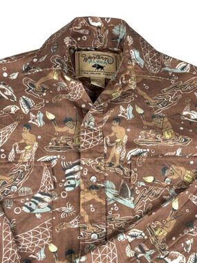 Western Aloha Hawaiian Shirt Mens Long Sleeve Pearl Snap Size XS Fisherman Ocean